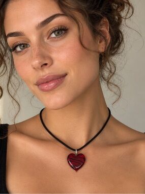 Red & Black Glass Heart Pendant Necklace on Cord